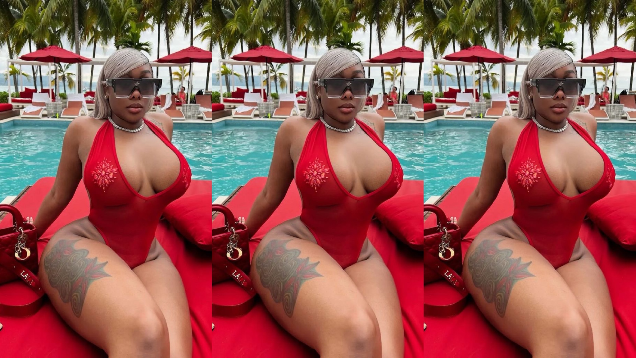 (Incredible) Sparking and Glowing brown skin lady flaunts her natural body in a red playsuit.(photos)